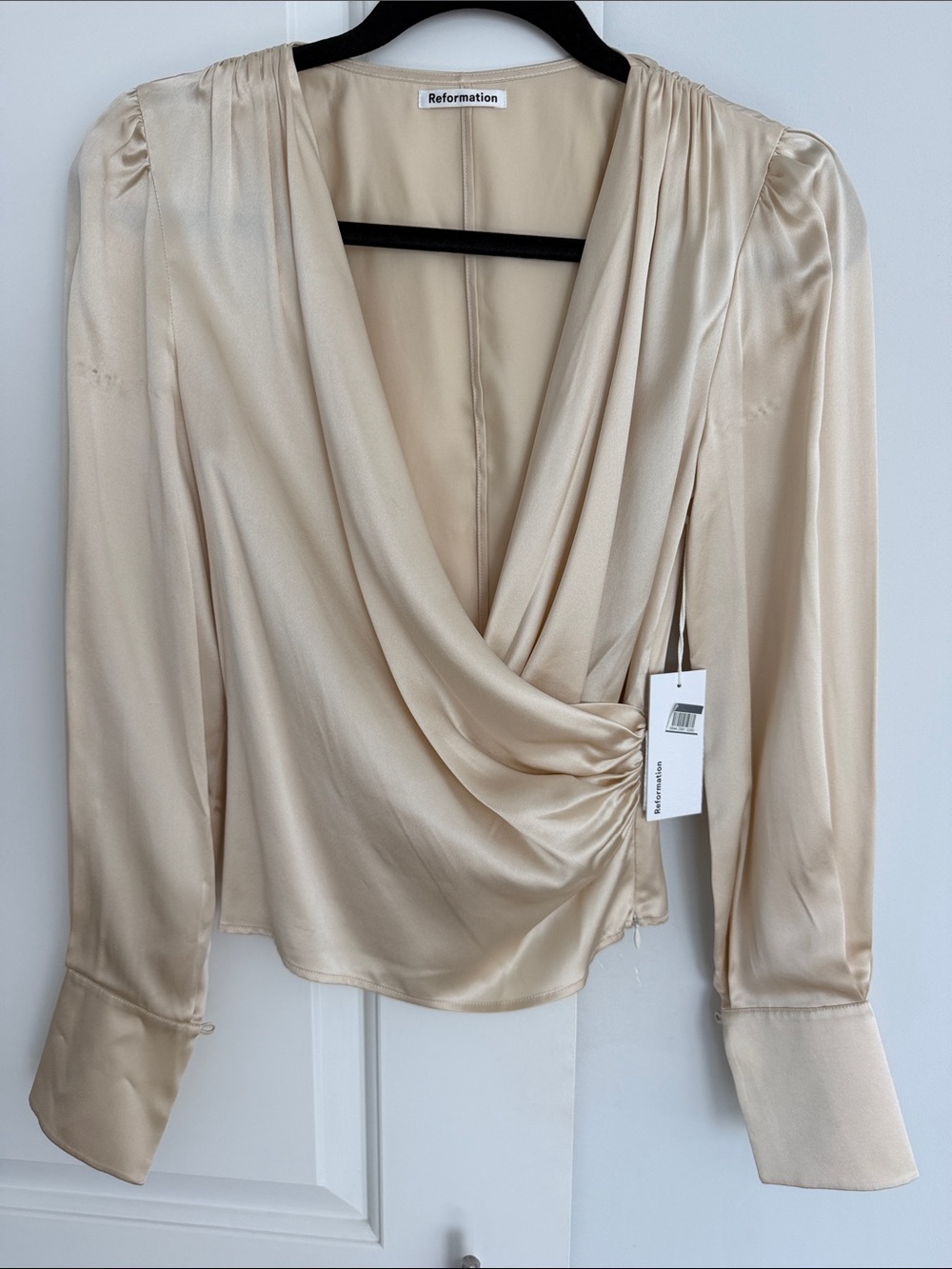 Reformation Champagne Draped Satin Wrap Blouse